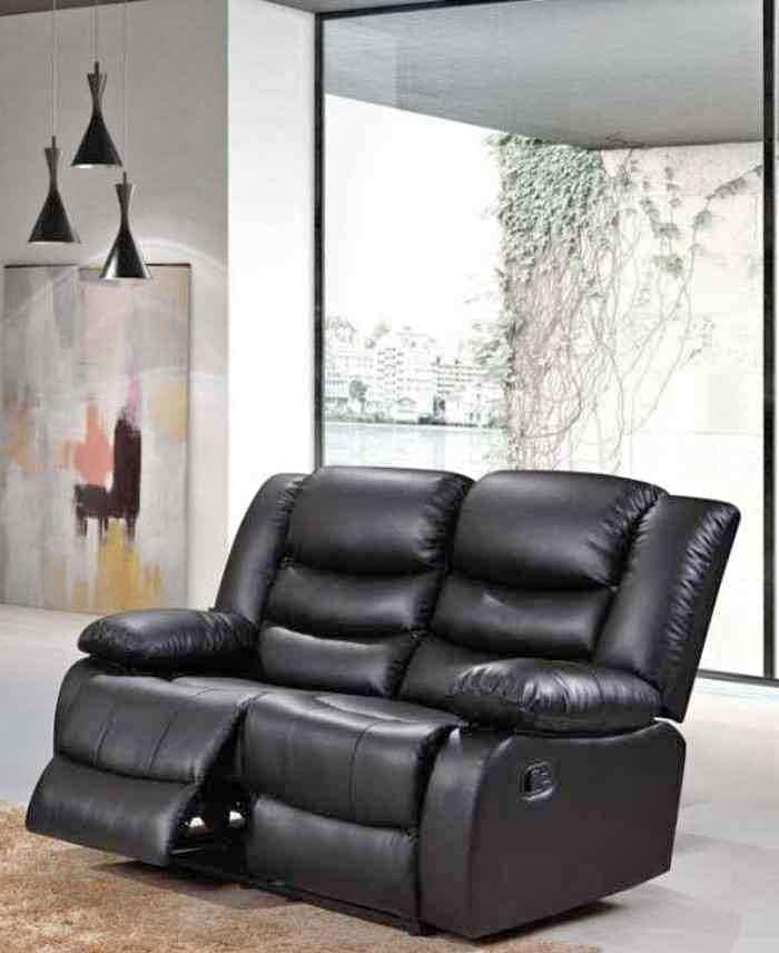 2 Seater Black Leather Recliner Sofa - No Cup Holders