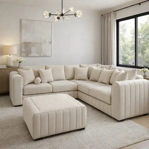 Lilly Corner Sofa Cream Plush Velvet With Matching Cushion & Footstool The Sofas Studio