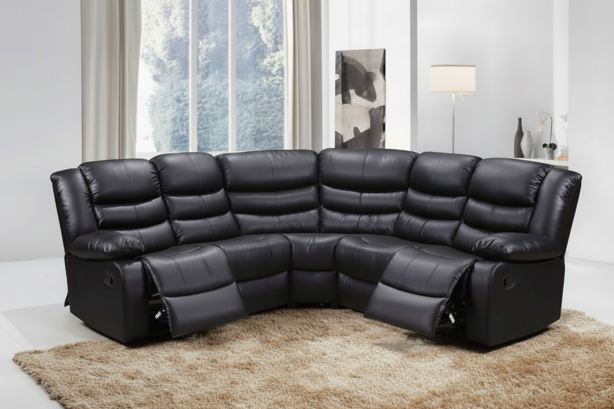 Corner Leather Recliner Sofa – Black Bonded Leather Corner Suite (230 cm x 230 cm)
